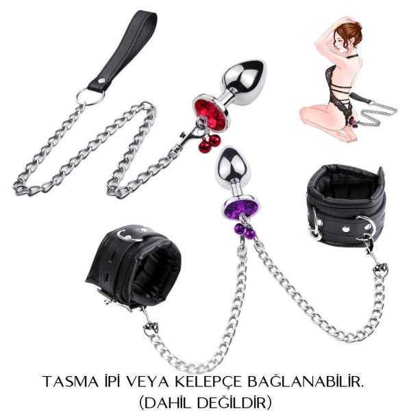 Silver Paslanmaz Çelik Kırmızı Taşlı Zilli Metal Anal Plug - Görsel 3