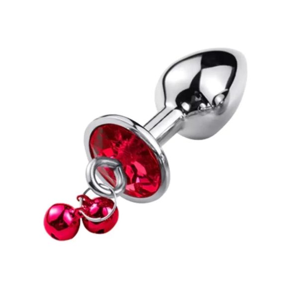 Silver Paslanmaz Çelik Kırmızı Taşlı Zilli Metal Anal Plug - Görsel 7