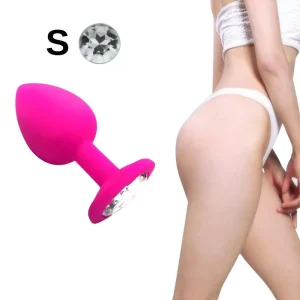 Parlak Beyaz Mücevher Taşlı Silikon Pembe Anal Plug - Kücük boy