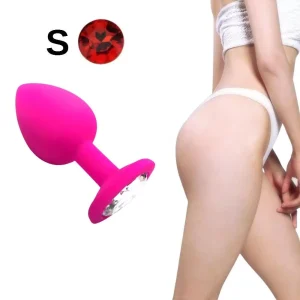 Parlak Kırmızı Mücevher Taşlı Silikon Pembe Anal Plug - Kücük boy