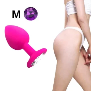 Parlak Mor Mücevher Taşlı Silikon Pembe Anal Plug - Orta