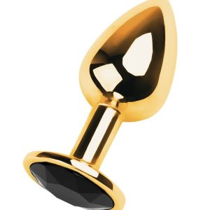 Metal Anal Plug, Metal, altın, siyah kristalli, 7 cm, Ø 2,8 cm, 50 g Küçük boy