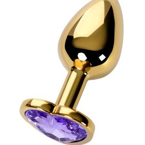 Metal Anal Plug, Metal, altın, mor kristalli, 7 cm, Ø 2,7 cm, 50 g küçük boy